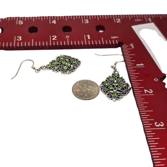 Pierced Earrings Filigree Dangle Drop Silver Tone Green Rhinestone Hook Boho - Picture 6 of 7